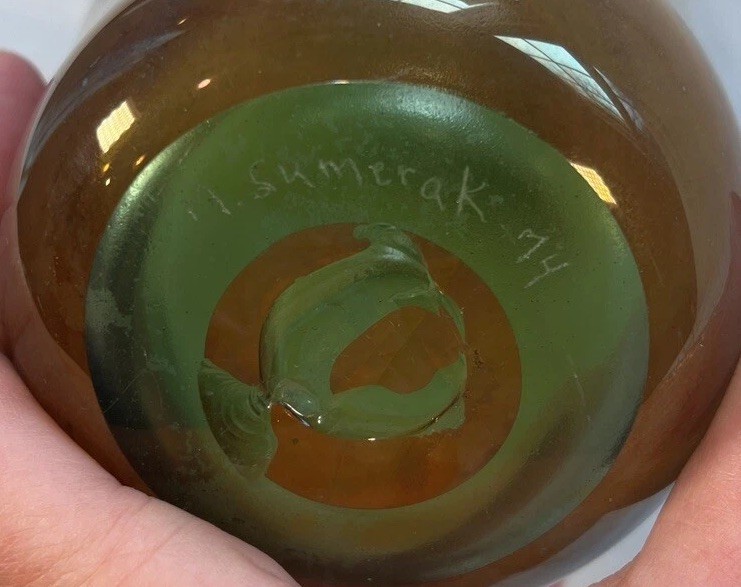 VTG 1974 Handblown studio art glass vase signed dated M Sumerak Green Brown 8.5”