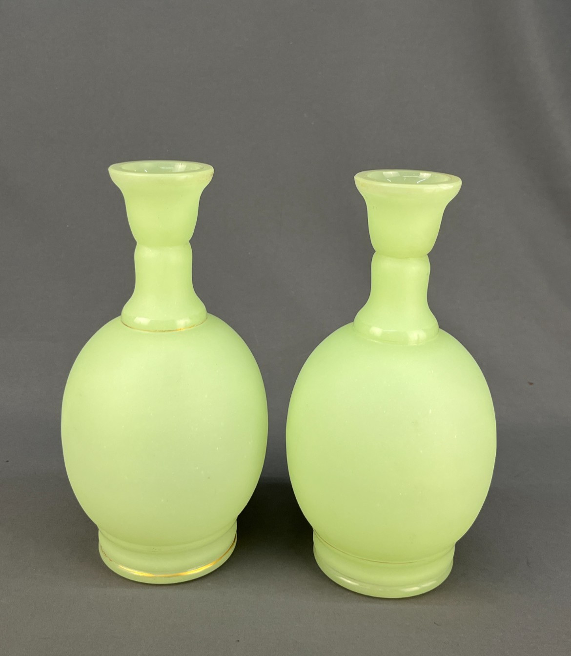 2 ~ 19th C. French Opaline Satin Uranium Glass 9″ Bottle Vases
