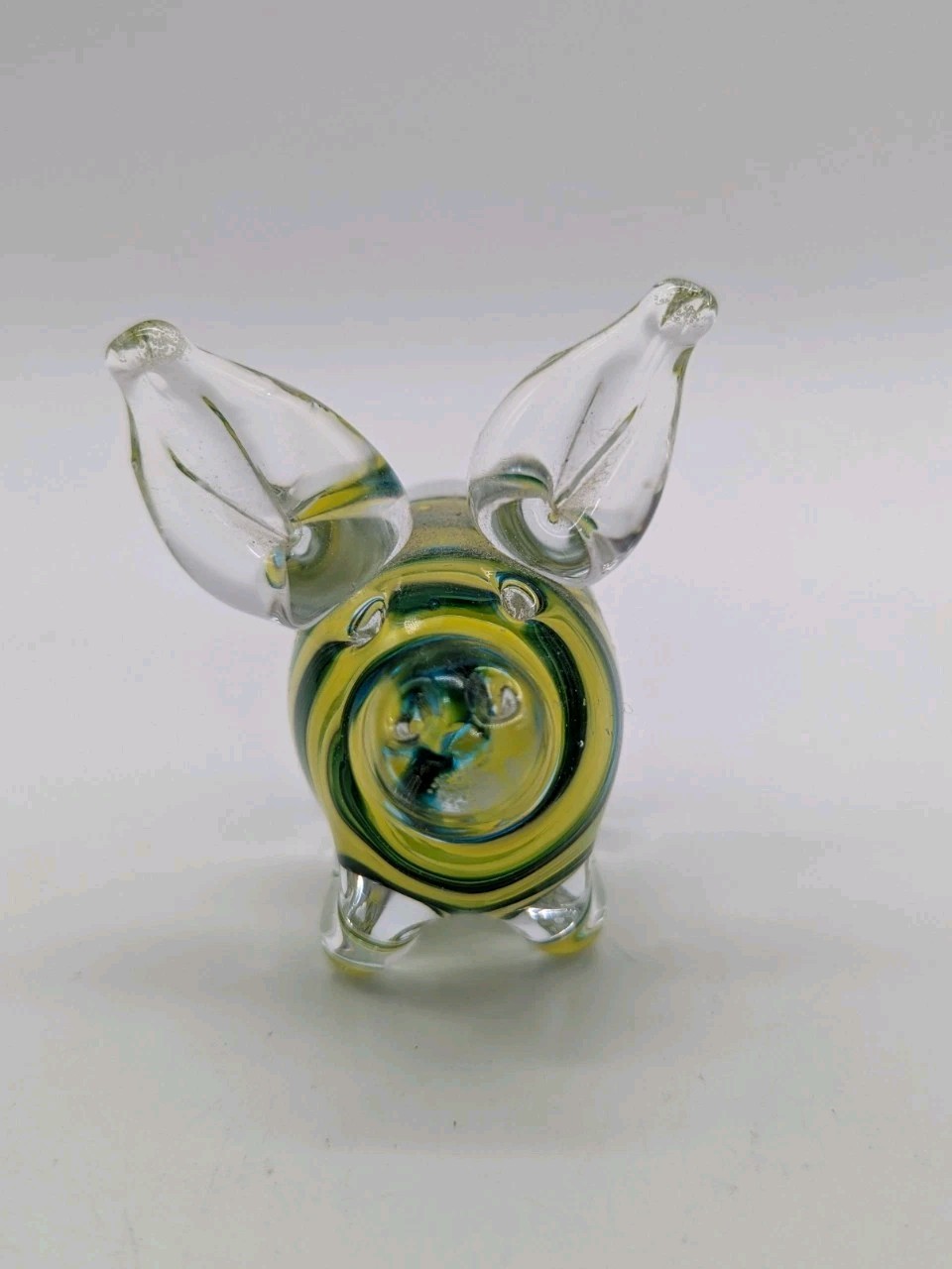 Handblown Glass Pig Figurine Green & Yellow Swirl Small 2″ Marked