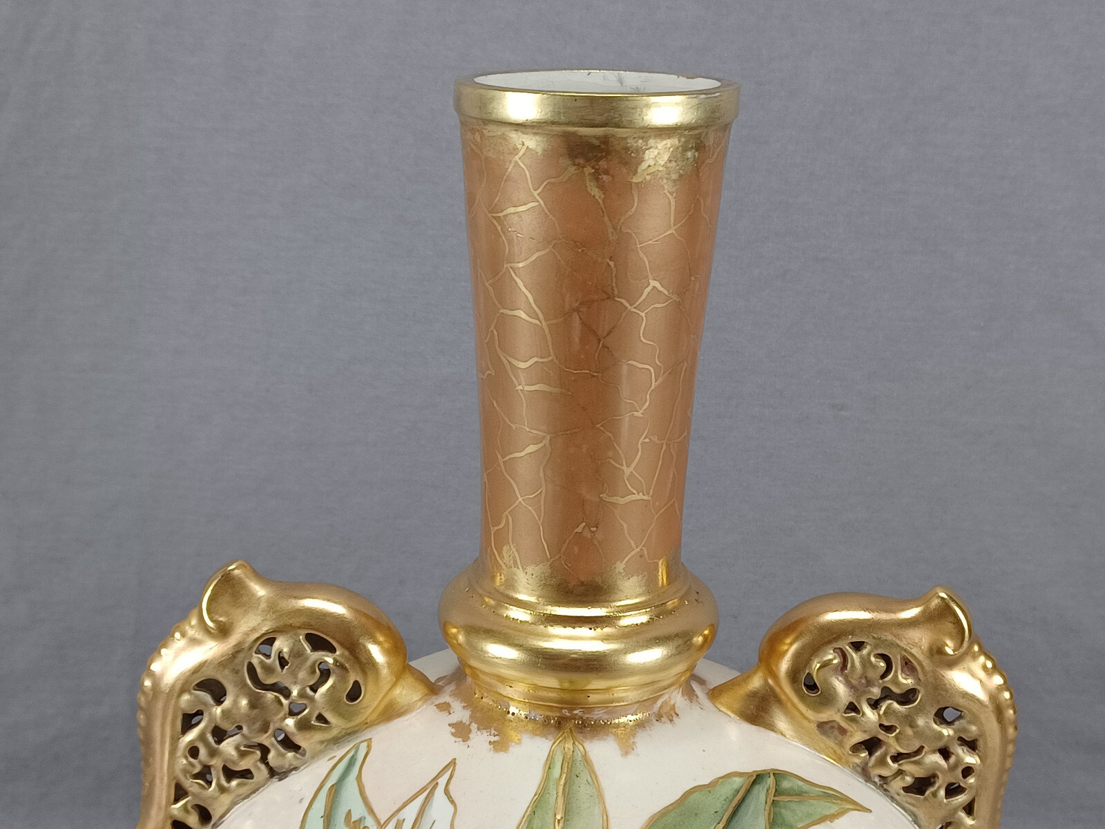 Faience Manufacturing Co Brooklyn NY Hand Painted Orchids Ivory & Gold Vase