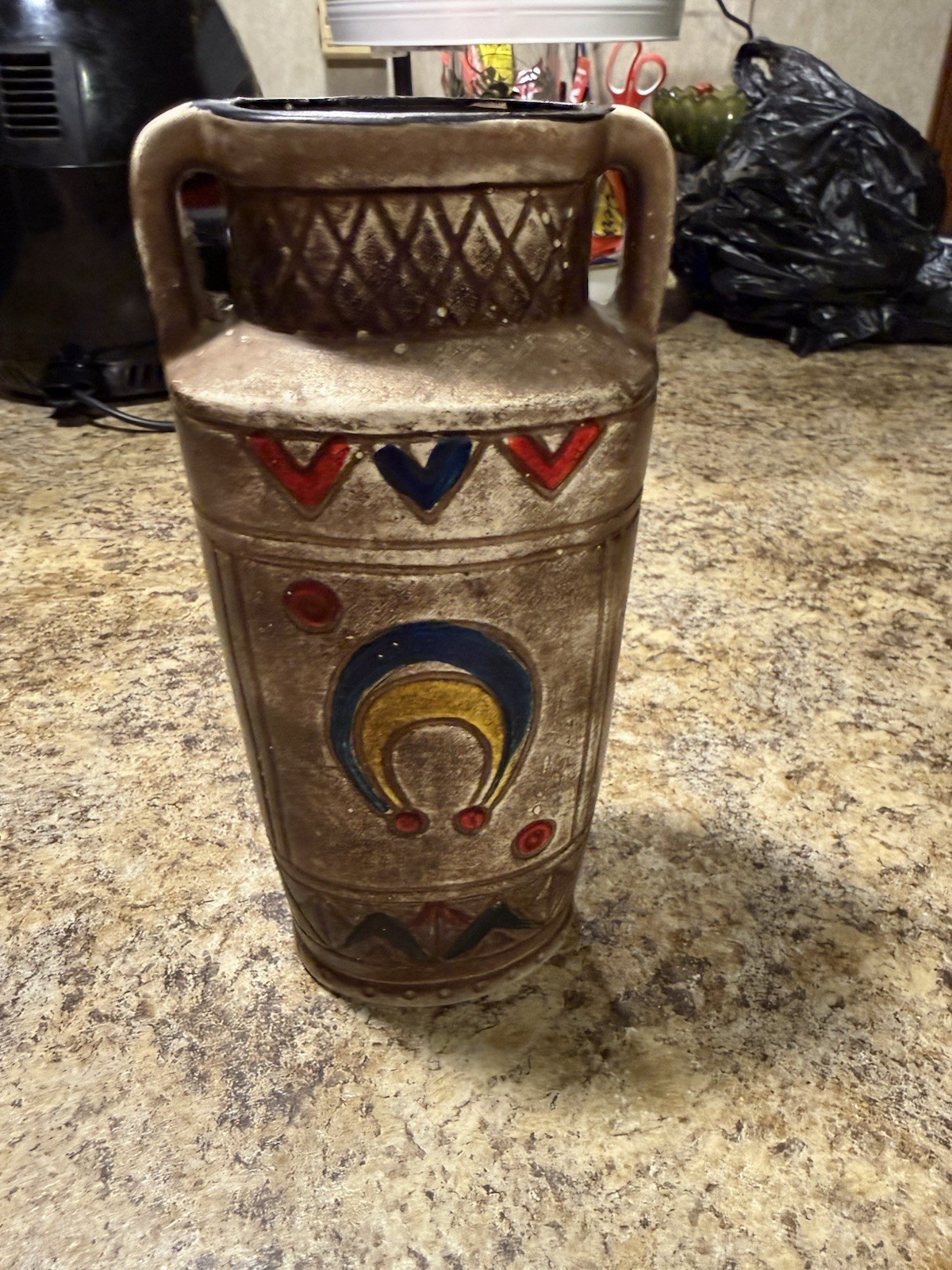 Brown Ceramic Pottery Vase Tribal Abstract Hand Painted Matte Decorative Handles