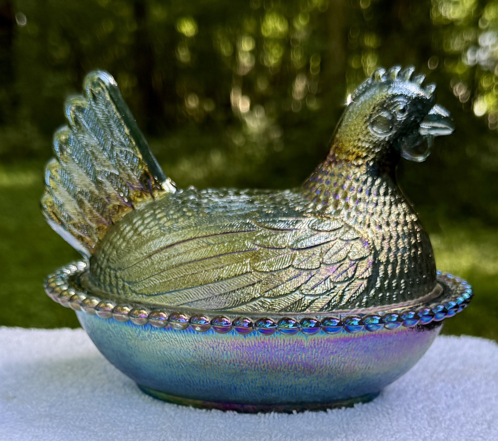 Indiana Glass Iridescent Blue Carnival Hen On a Nest Candy Dish 7″ Vintage