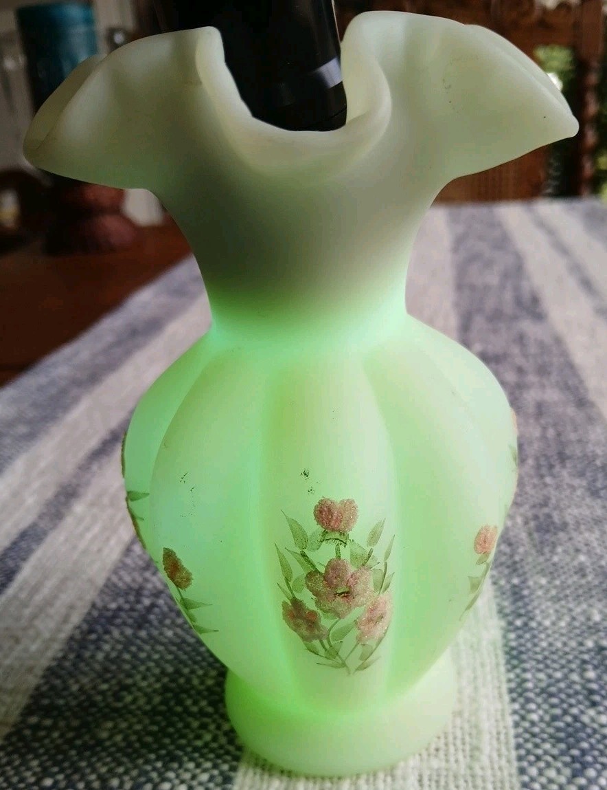 Fenton Art Glass Custard Satin Ruffled Vase Hand-Painted Pink Blossom Decoration