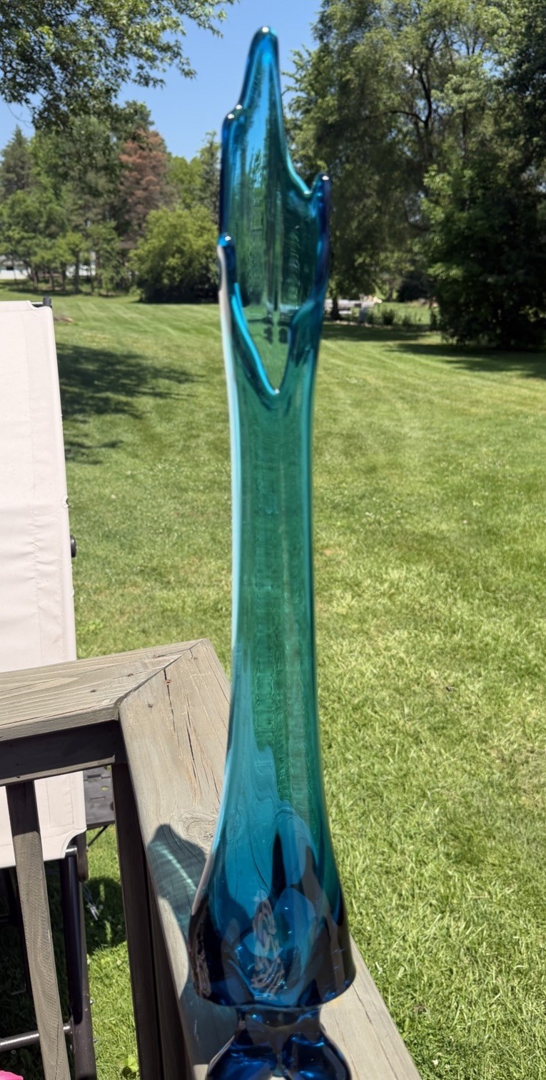 RARE Viking Epic Bluenique Swung Vase Tall 3-Toe Pedestal MCM Art Glass 24.75 In