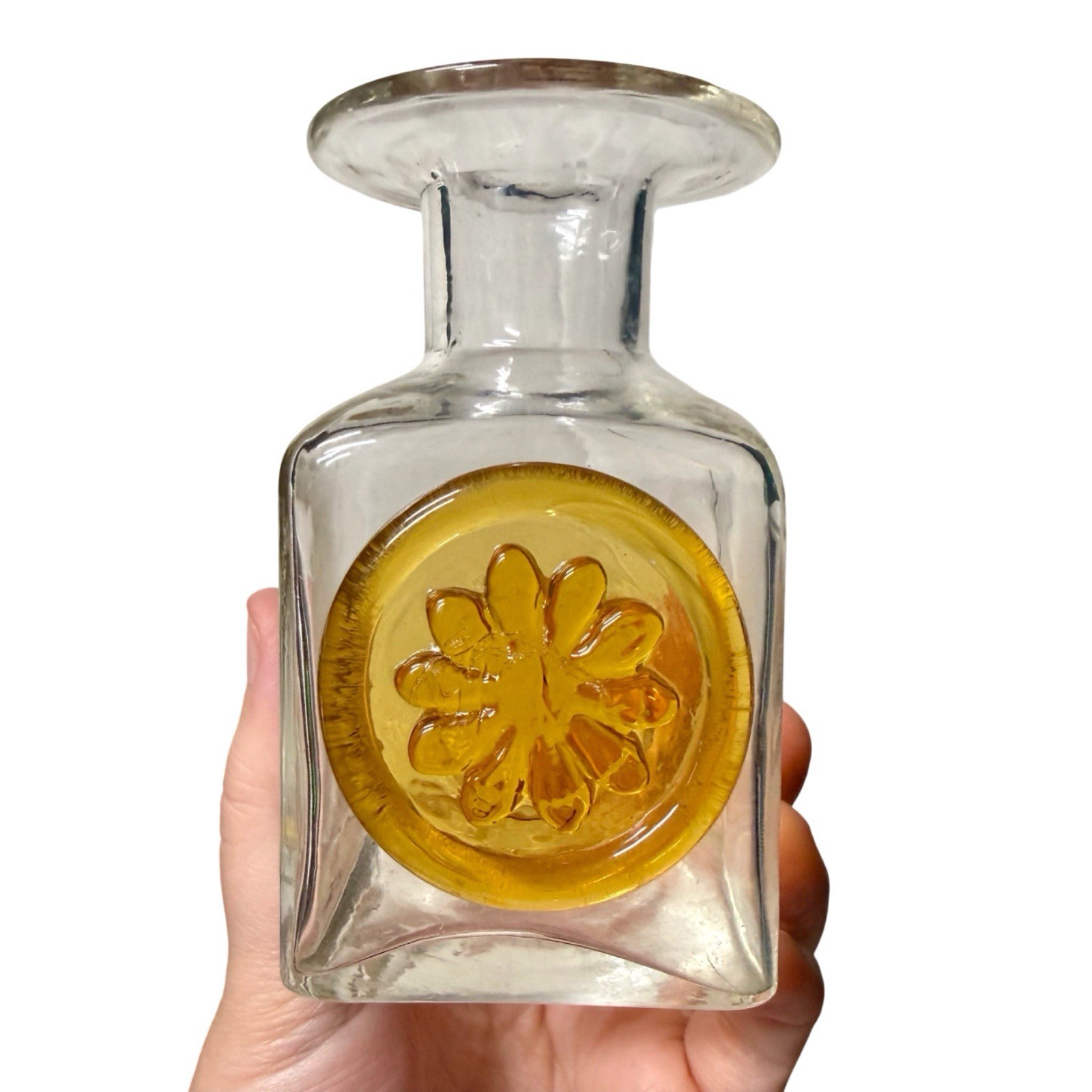 Vintage RAINBOW ART GLASS Mini Decanter, NO STOPPER, Amber Flower Medallion