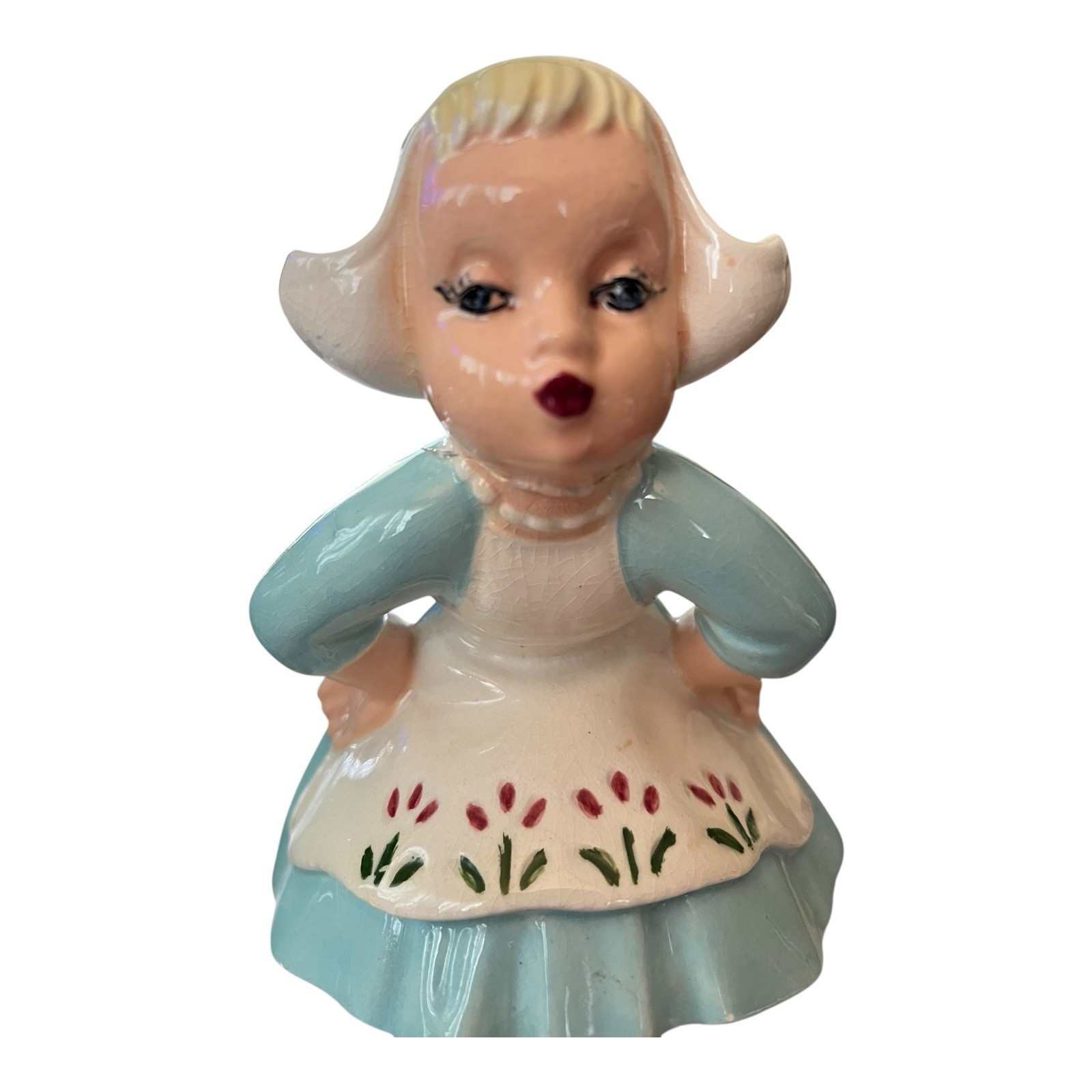 Kissing Dutch Figurines Hand Painted Signed MCM Ceramic USA Blue 6” Tall Vtg