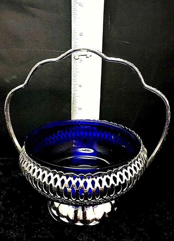 Reticulated Silver Basket Cobalt Blue Glass Liner Sugar Condiment Server