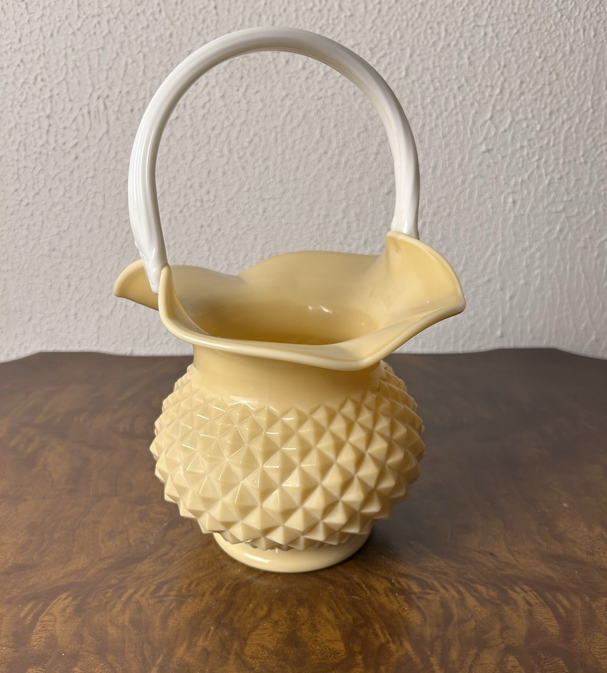 Yellow Diamond Point Milk Glass Basket w/Fluted Top & White Twisted Handle VTG