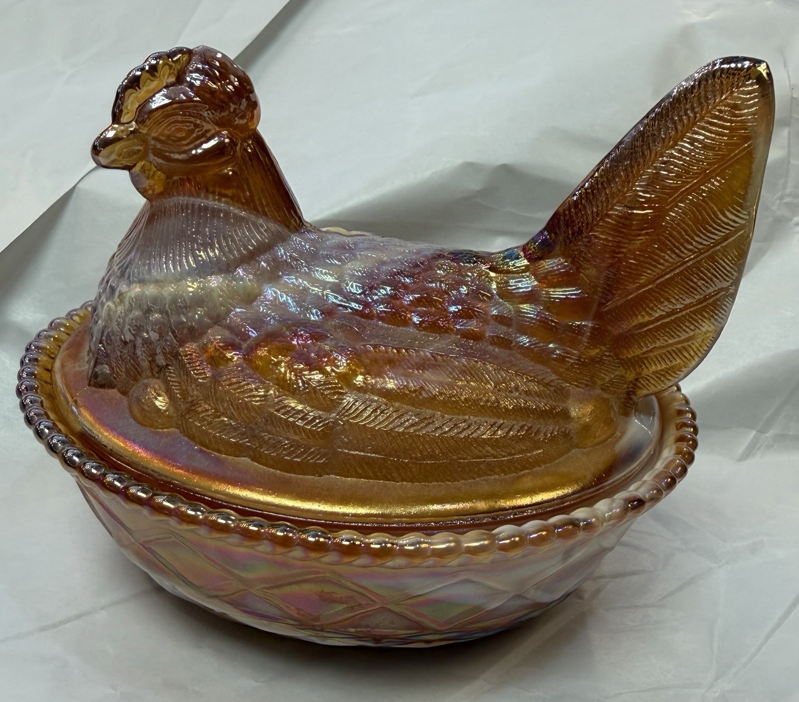 Westmoreland Hen On The Nest Slag Glass Butterscotch Carmel White Swirl