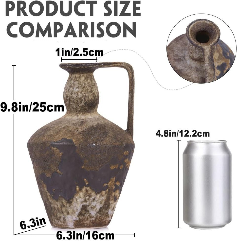 Rustic Wabi Sabi Vintage Vase – 9.8″ Tall Decorative Pottery for Home Decor
