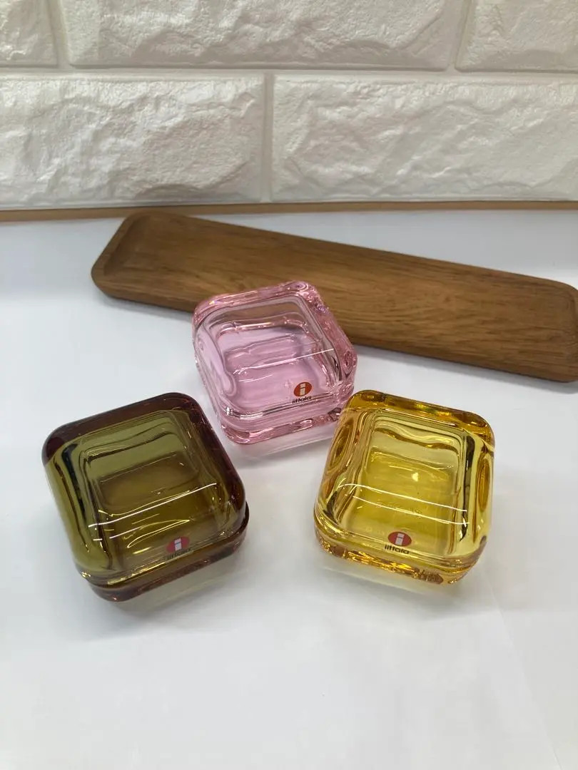 Iittala Vitriini Yellow Pink Rose Olive Trinket Box 6cm x 6cm 3 Set Rare Used FS