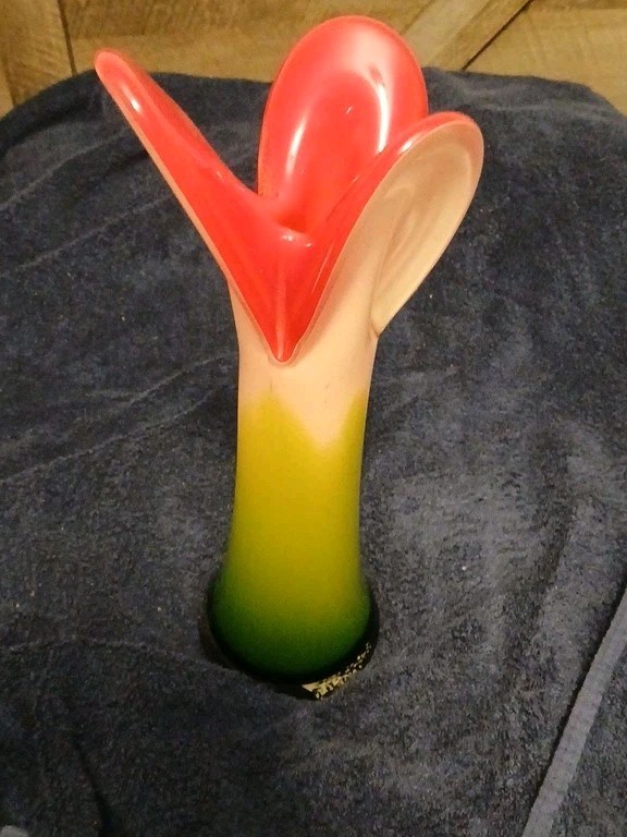 Vintage Green, Pink, Red & White Art Glass Flower Vase