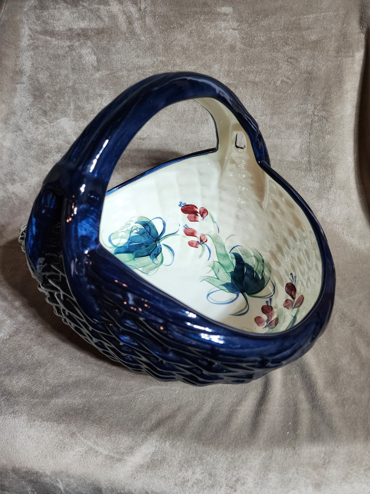 Vintage Gail Pittman Ceramic Pottery Basket Signed – Grapevine Blue Green Patter