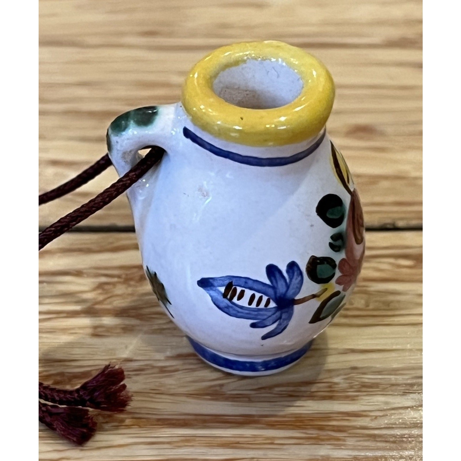 VTG Mini Ceramic Hand Painted Vase 1 Handle Floral Ornament 1.5”