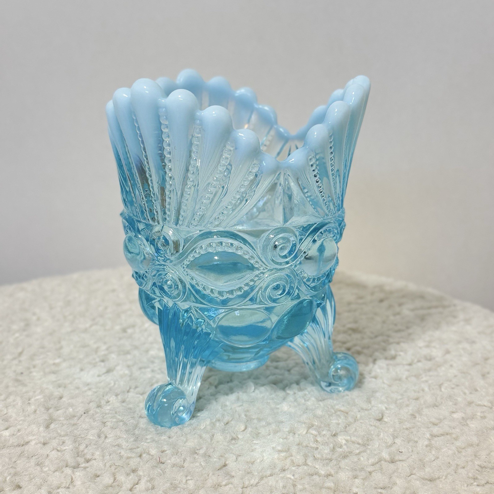 Mosser Glass Aqua Blue Opalescent Footed Eye Winker Spooner Vase Candy Dish