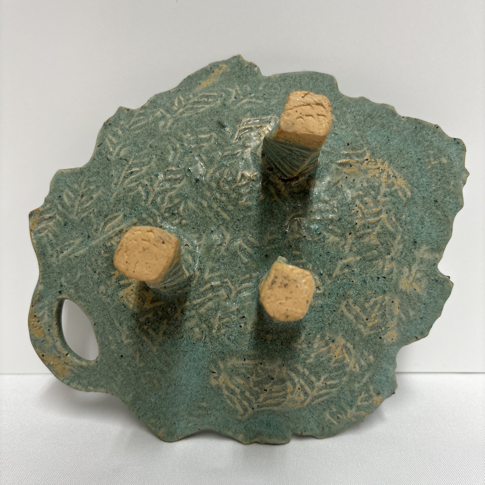 Studio Art Pottery Clay Leaf Shaped Footed Dish Candle Holder Green Color Rustic