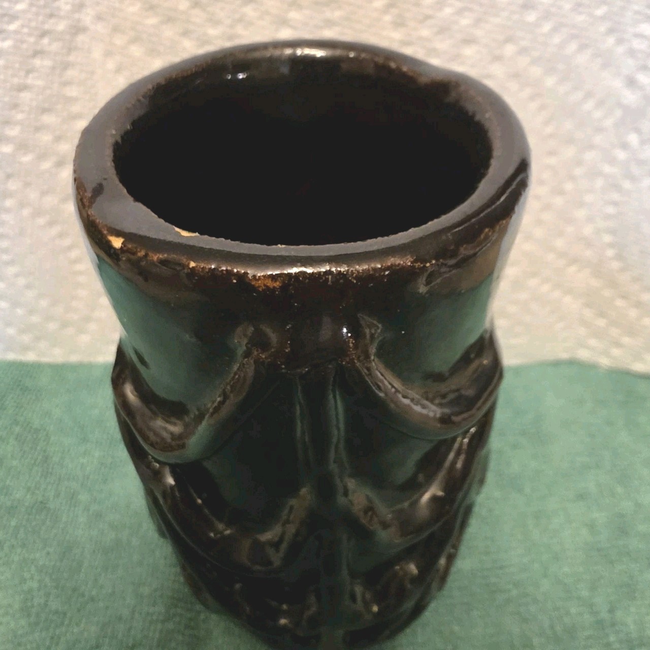 Vintage Brown Mug 8oz Stoneware Unique FUNKY Double Finger Handle SPIDERWEB 70s