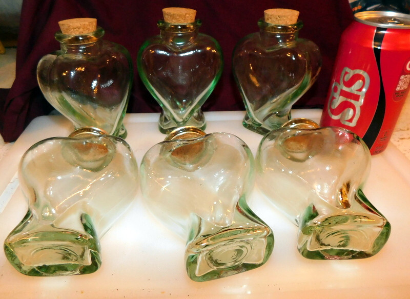 Light Green Heart Shaped Glass Bottle Lot of 6 Bottles Used Excellent Condition