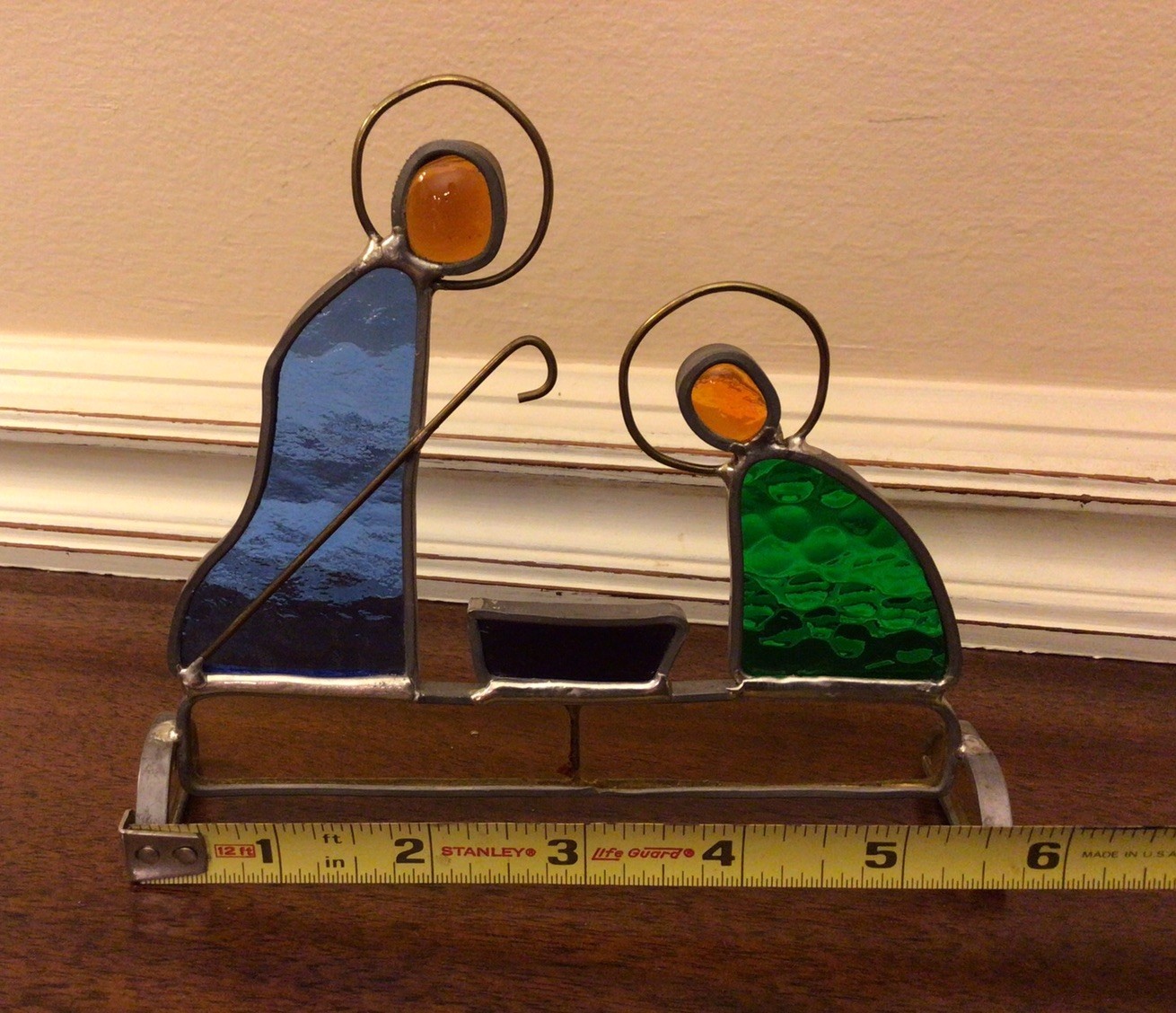 Lot of Stained Glass Figures 2 Angels 7-1/2”& 4-3/4”~Santa 4-3/4”~Nativity 5”x6”