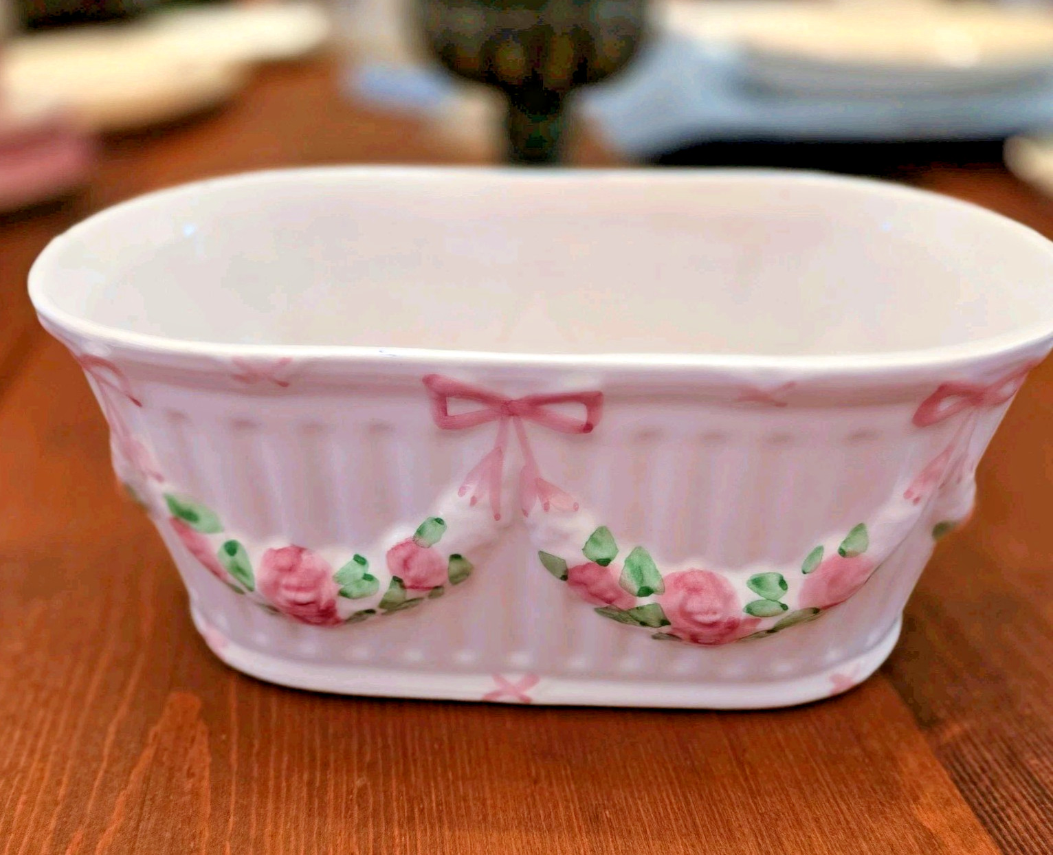 Vtg Andrea Sadek Jay Willfred Oval Planter White Pink Rose Ribbon Bow Portugal