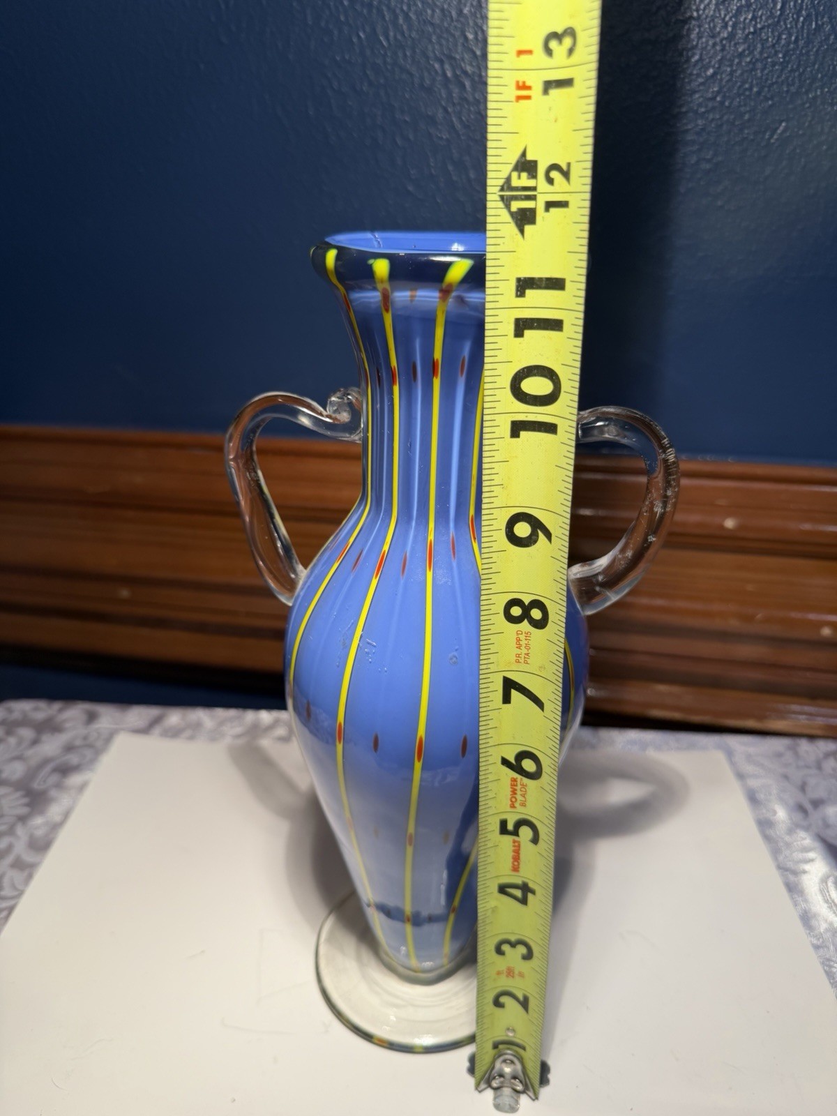 Vibrant Murano Style blue hand-blown art glass vase. Blue Yellow Red Stripes