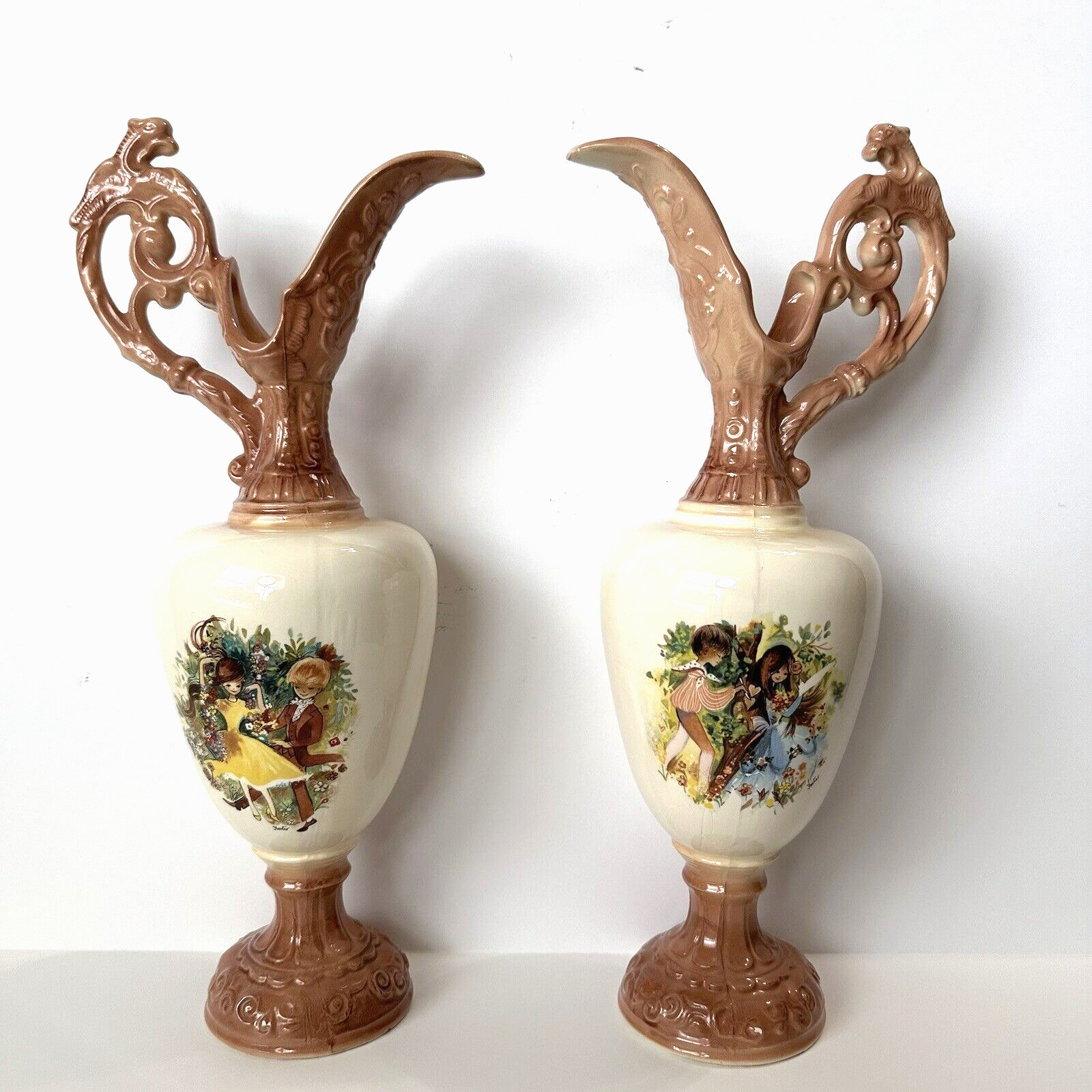 Arnels Vintage Ewer Pitcher Pair Lusterware 1978 Signed by Artist Deco 14.5”