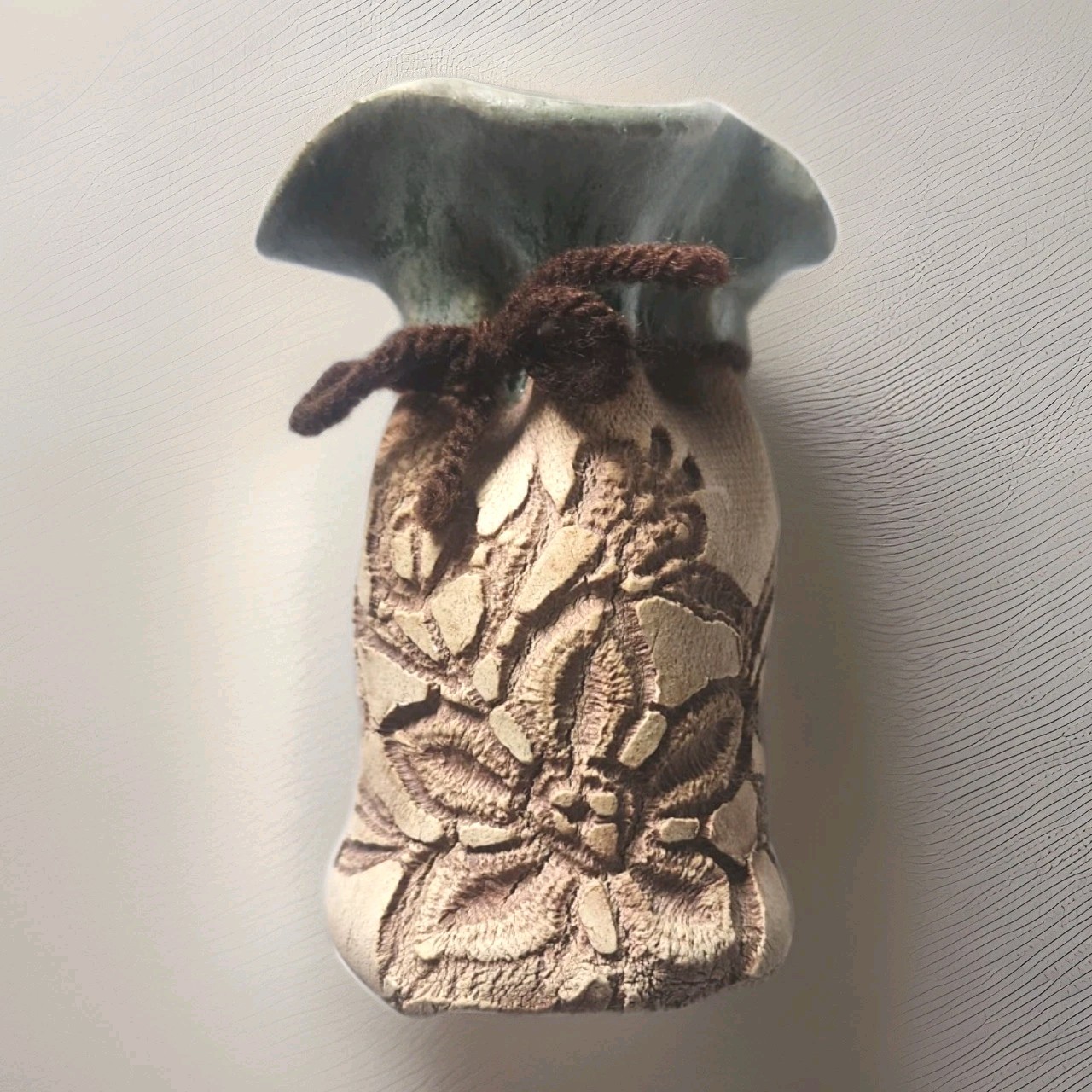 Blue Heron Pottery Bud Vase Floral Impressed/Ruffled Wrap/Buttons/Unique Signed