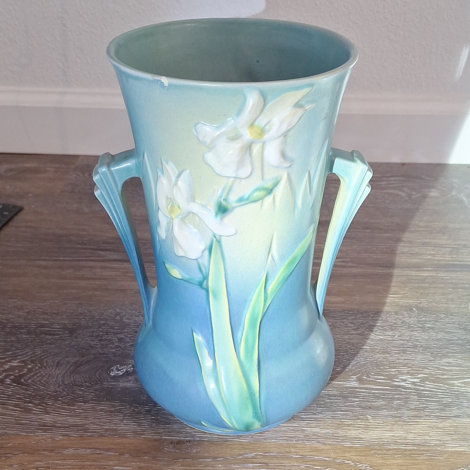 Roseville Ceramic Floral Iris Blue Green White Vase With Handle Decorative Matte