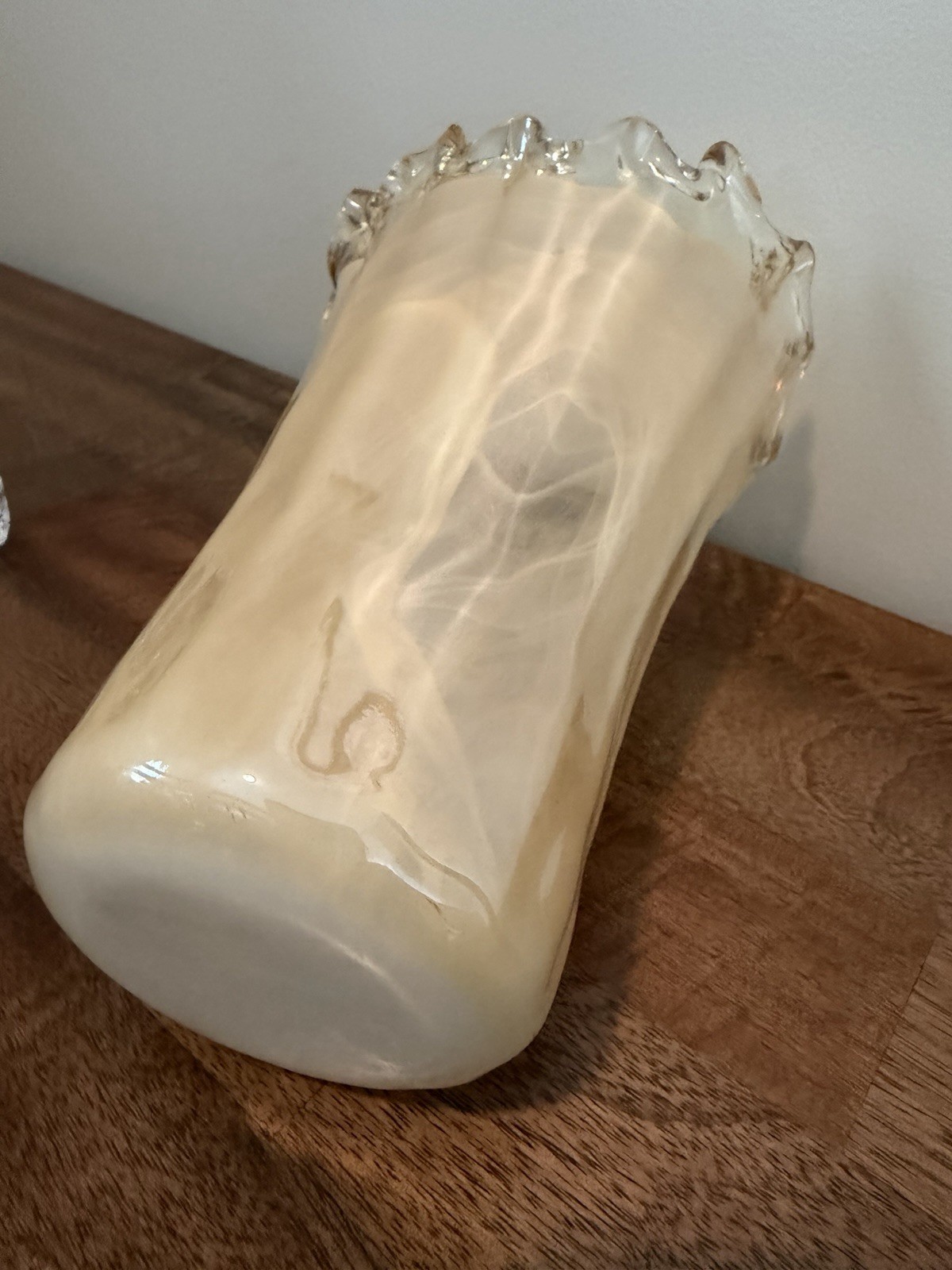 Unique Art Glass Vase Cream/White & Clear Swirl Ruffled Rim No Tag Murano?