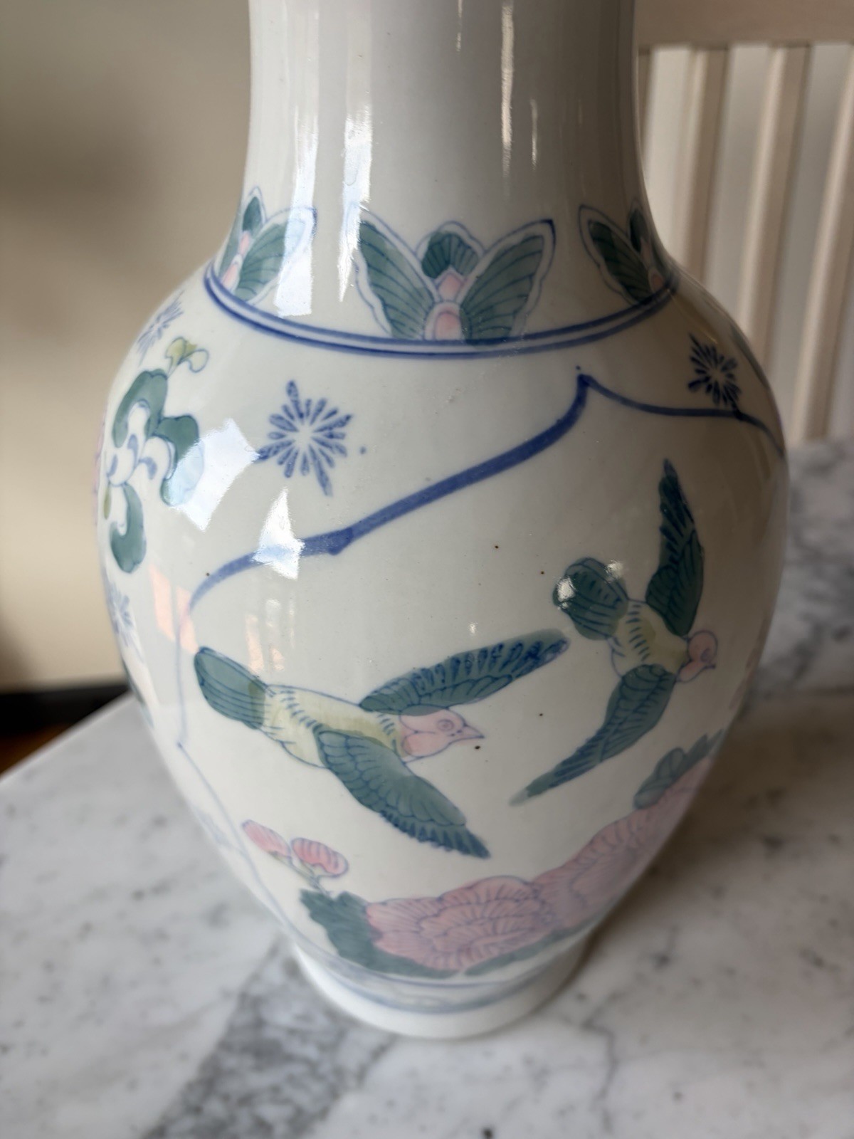 Ceramic Art Pottery Vase White Blue Pink Green Glossy Floral Bird Decorative