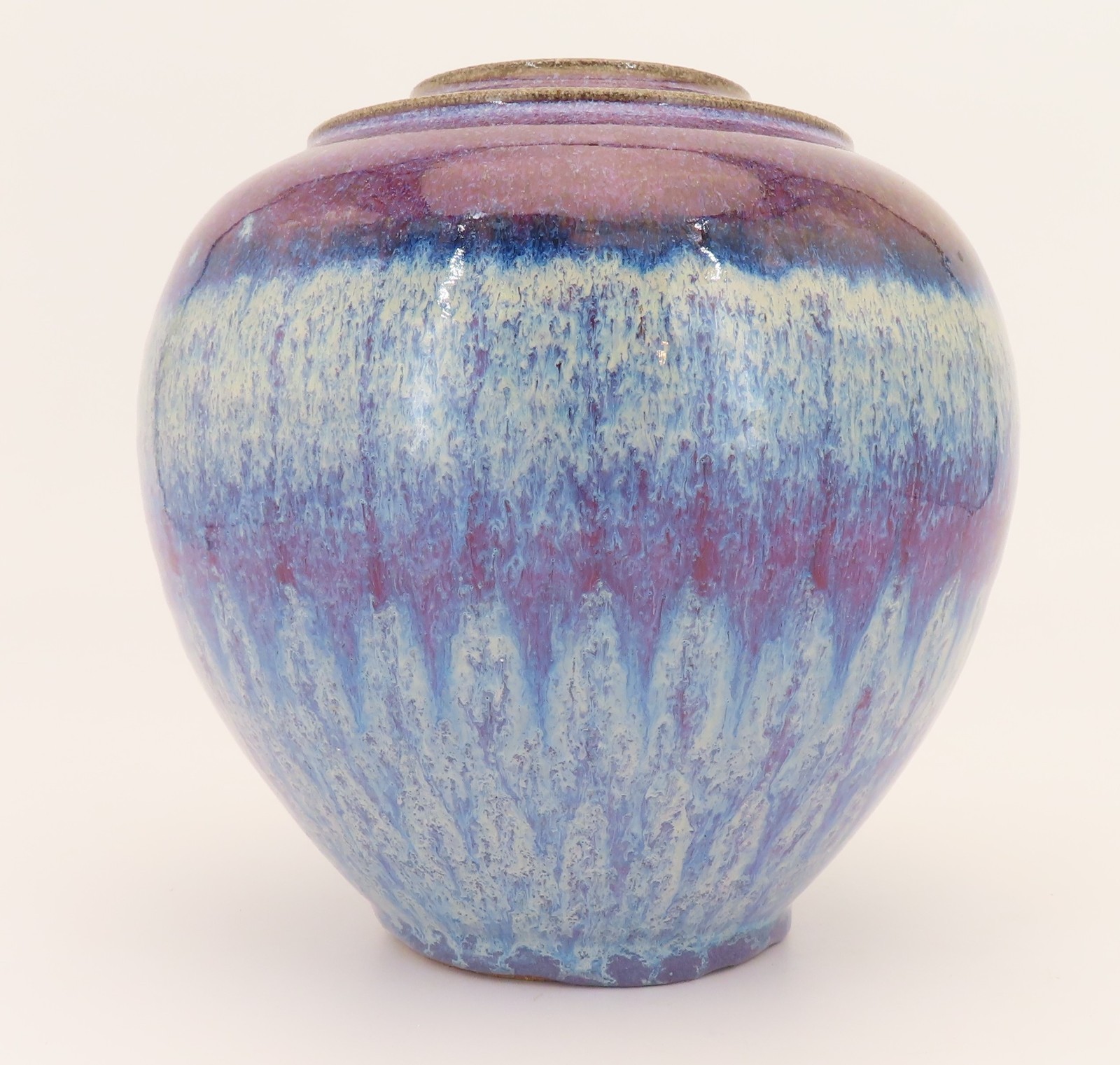 Art Pottery Vase Pot Purple Blue Flambe Drip Glaze 7″ High Artist Signed
