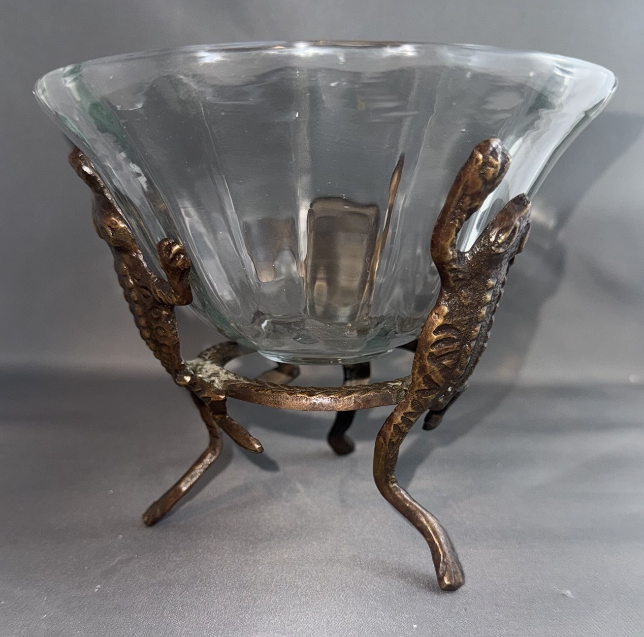 Vintage ~ Pewter Three Frog Stand ~ Mouth Blown Glass Bowl ~ Unique Decor ~ 5.5