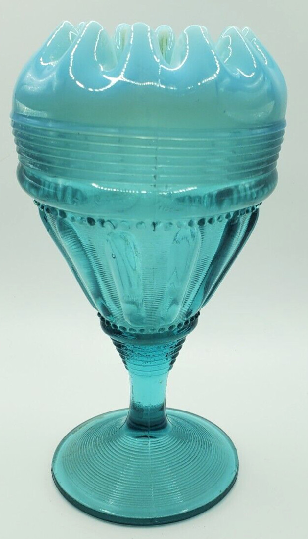 Northwood Opalescent Blue Glass Fluted Bars & Beads Footed Vase