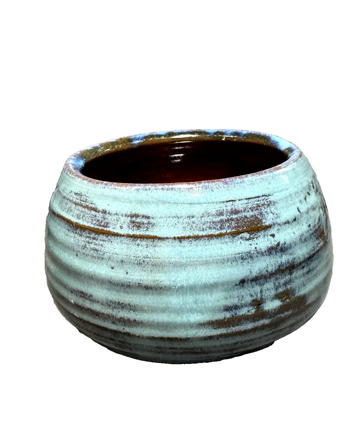 Pottery Bowl Vase Blue Green Red Interior Artisan Signed RMF 1969 Vintage NICE