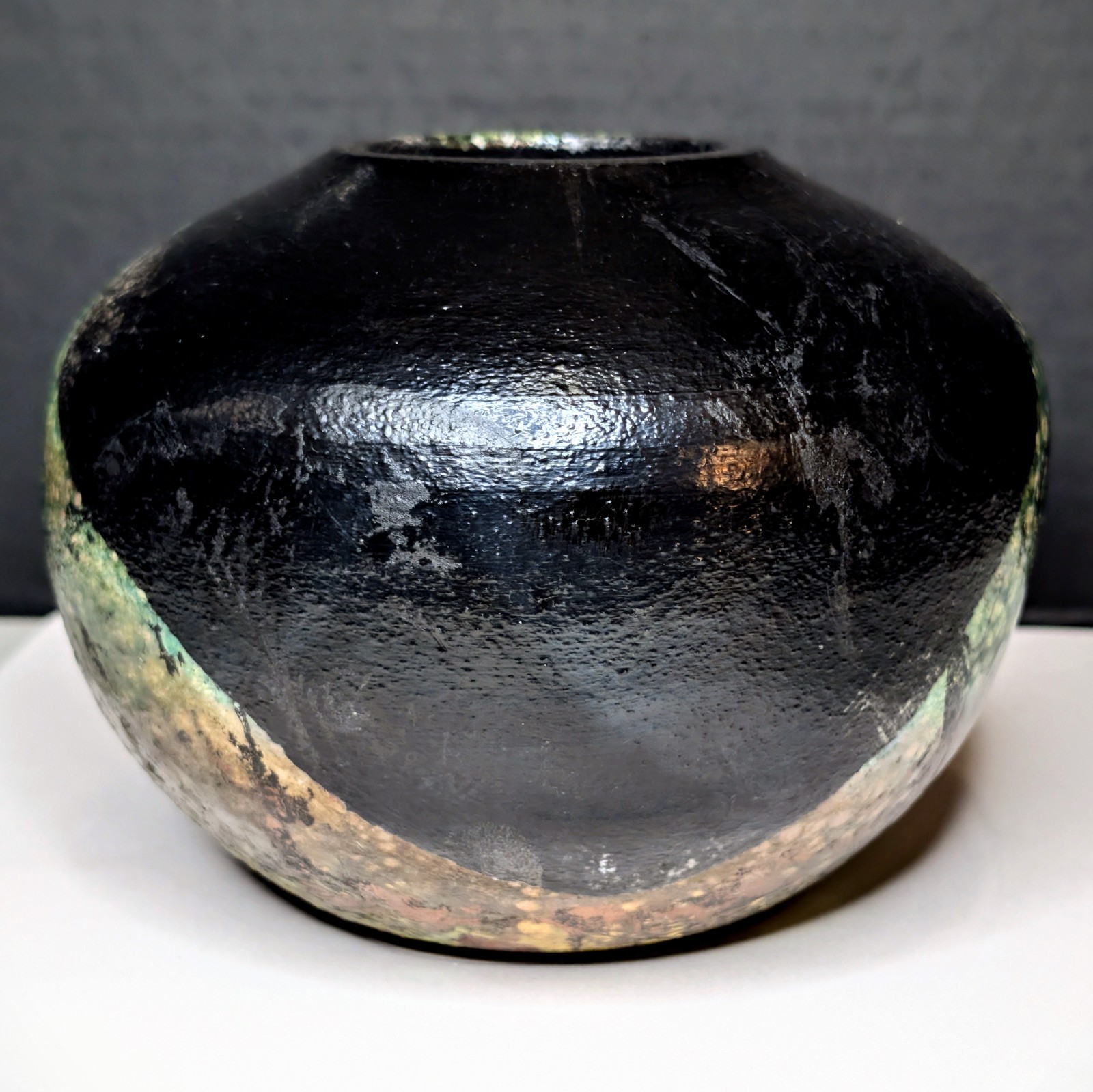 Raku Solar Eclipse Ellipse Vessel Split Glaze Metallic Matte Black Moss Green