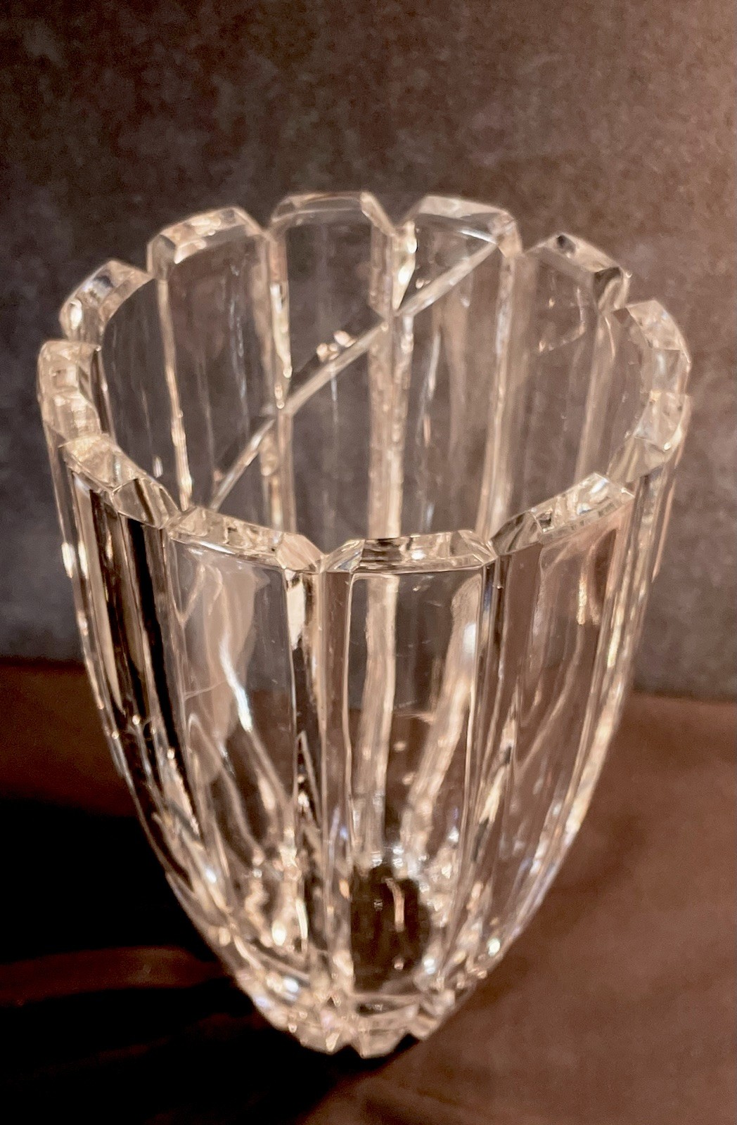 VINTAGE MIKASA UPTOWN VASE, HEAVY CRYSTAL w DEEP CUT VERTICAL & SWIRL, SLOVENIA