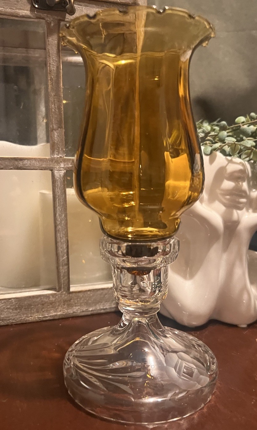 Vintage Homco Amber votive/Etched floral Pedestal Candle/votive Holder