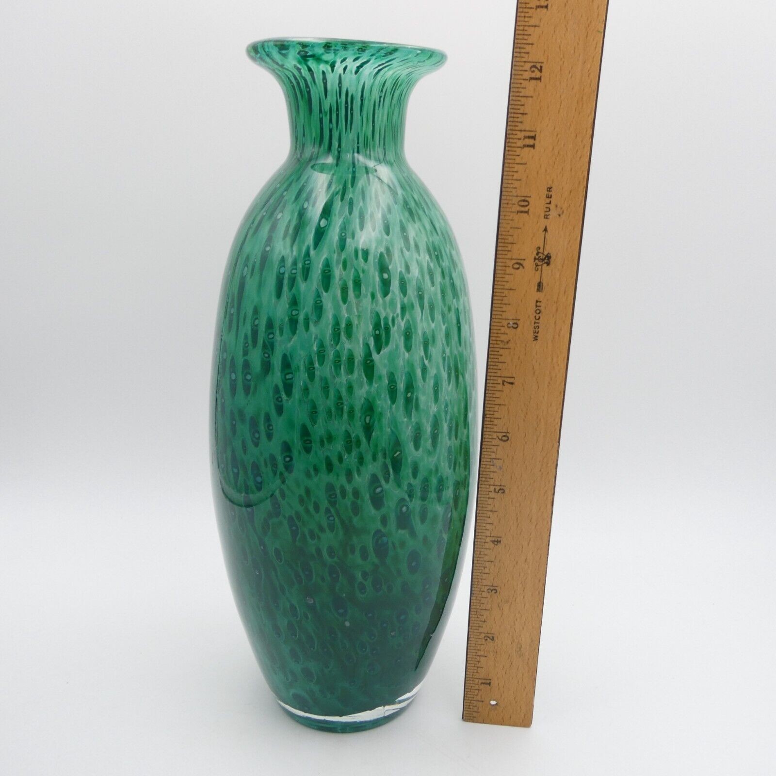 Art Glass Peacock Feathers Tall Vase 12 inch Emerald Green Blue Swirl Vintage
