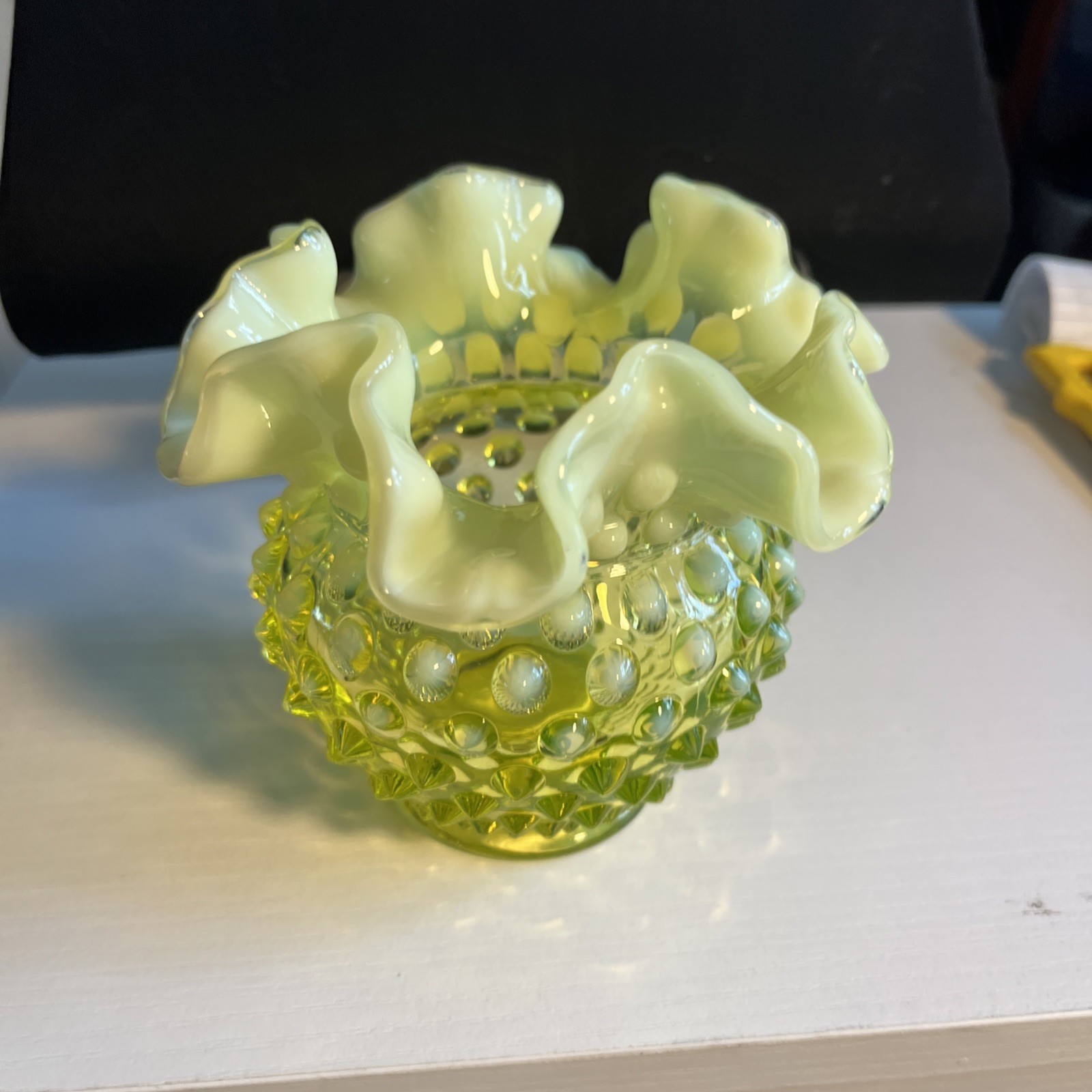 Vantage UraniumYellow & White Hobnail Glass Vase, Iridescent Finish,Ruffled Rim