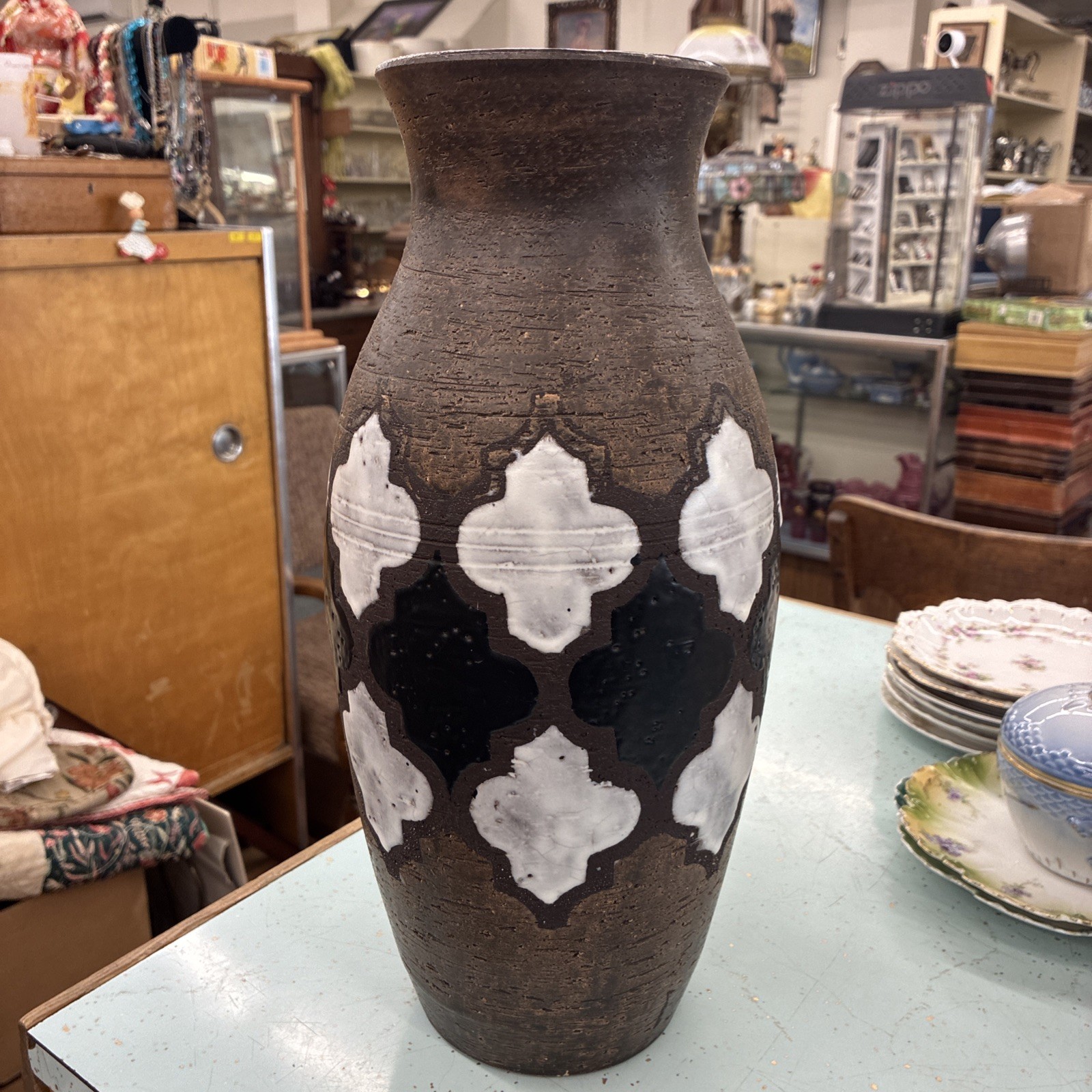 Bitossi Italy by Aldo Londi Pottery MCM 14” vase Black and White
