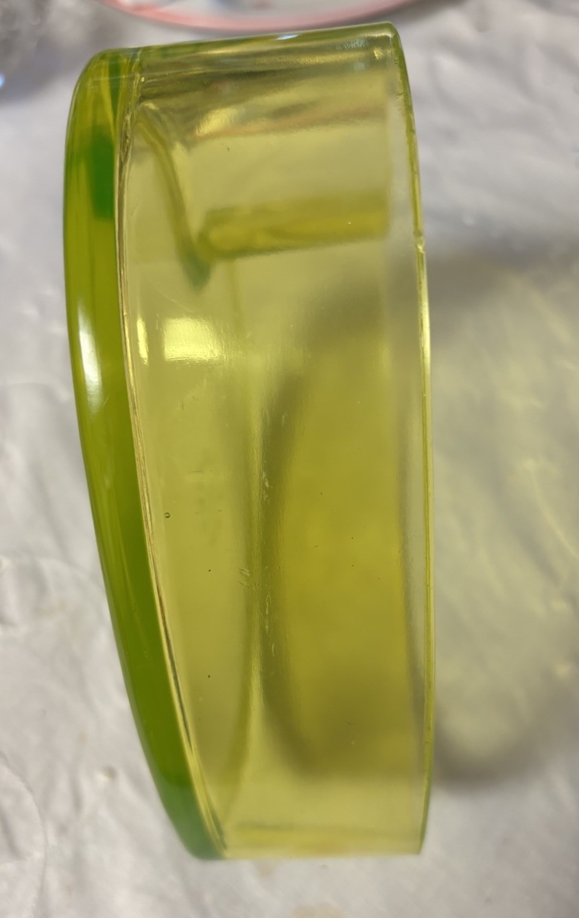 Vintage Yellow Vaseline Glass Heart Candy/Dresser Bowl-U.S. Glass Co.-$125.00
