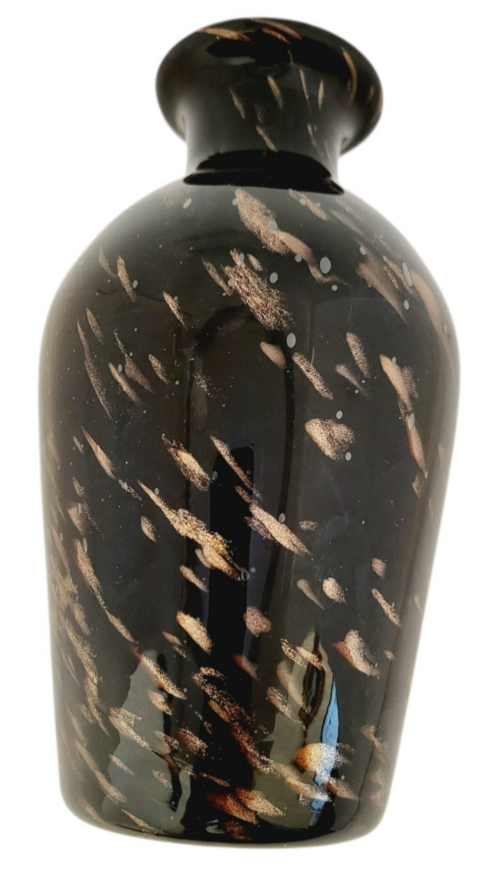 Vintage 1960s Black Gold Italian Adventurine Hollywood Regency Art Glass Vase 8″