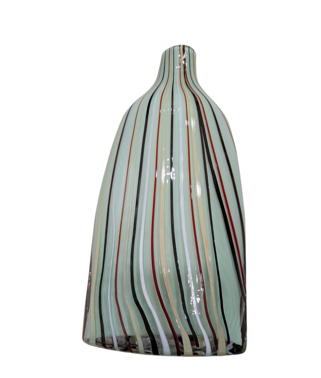 Green Cased Blown Art Glass Bottle Flat Vase Red White Black Applied Stripes 10″