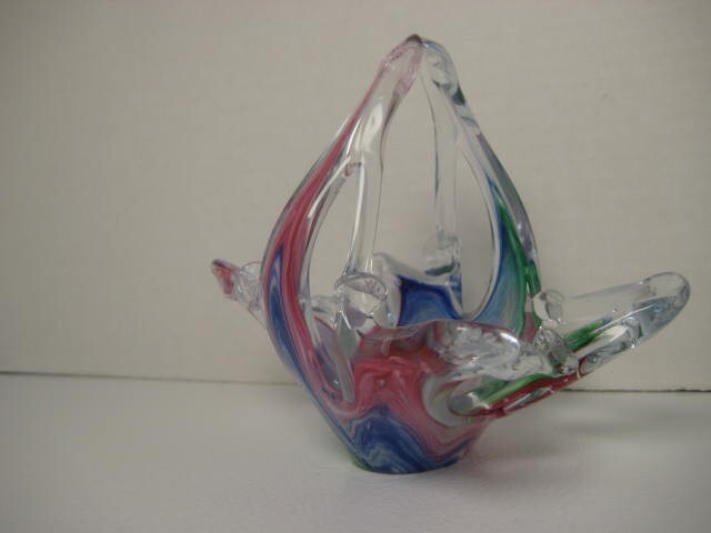 Murano Glass Pastel Basket Pink Blue Green With Sticker 4 x 4.5 x 3 in.