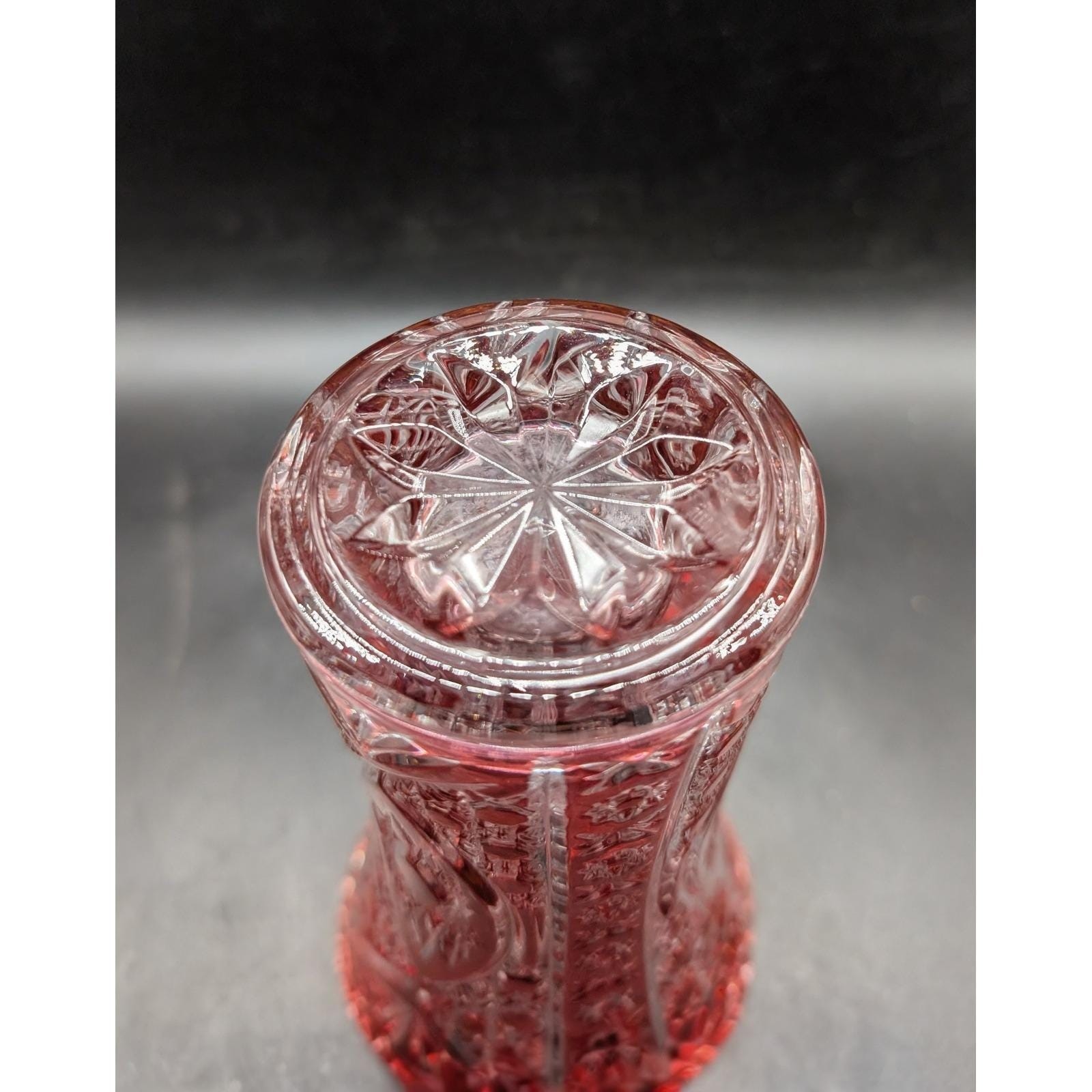 Vintage Crystal De Arques Ruby Red Cut Clear Glass Vase Sawtooth Starburst 6.75″