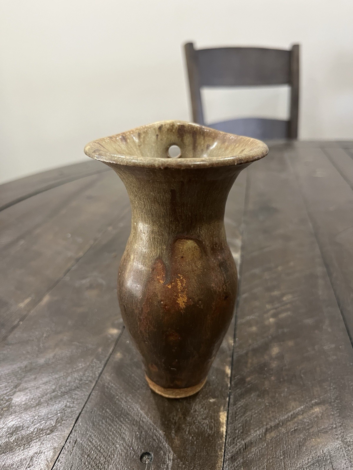 Wagner Village Art Pottery Small Wall Vase Brown Glaze 5 7/8”