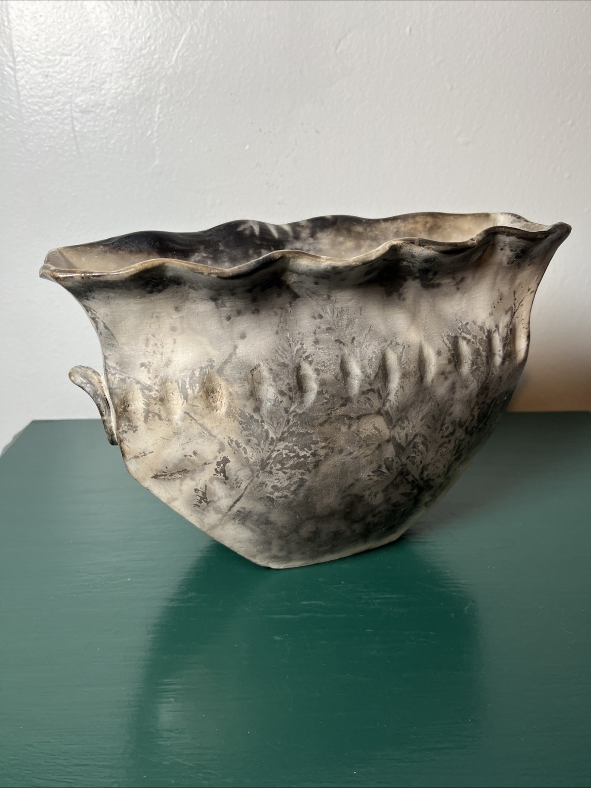 Native American Handmade Plaster Horse Hair Botanical Pressed Plants Vessel