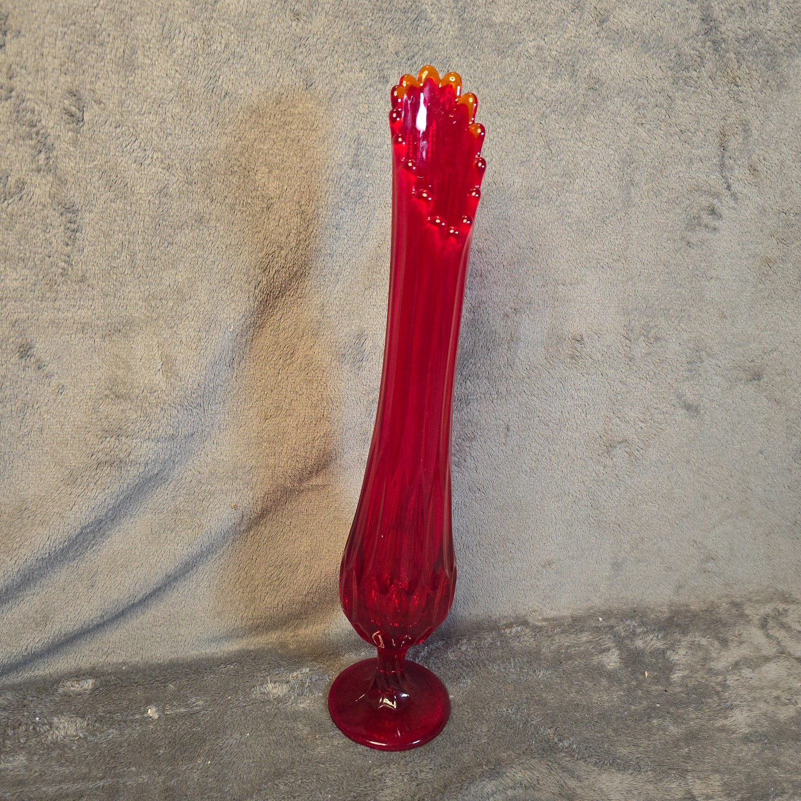 Vintage Fenton Glass Ruby Red Swung Vase Six Petal Footed Mid Century Modern Art