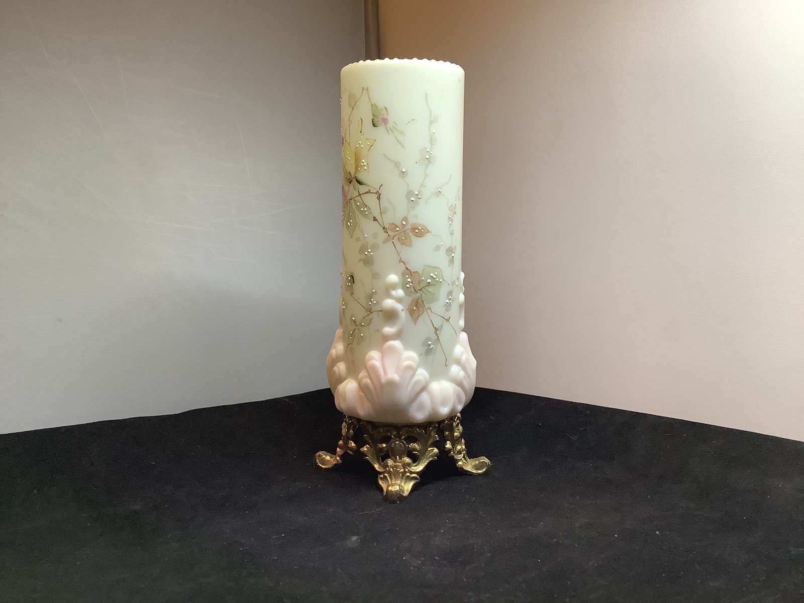 Antique Wavecrest Vase Textured Hand Painted 6 1/4 Inch Column Rose Motif