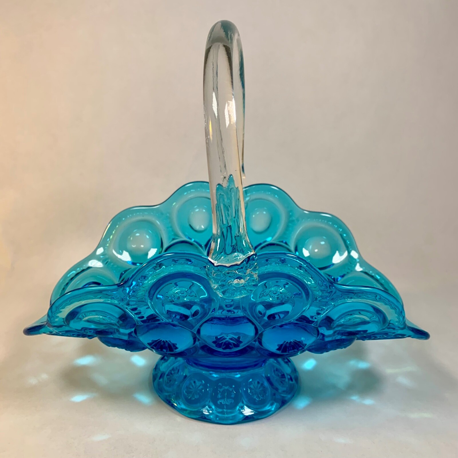 Vintage L. E. Smith Art Glass Moon and Stars Blue Basket Clear Handle